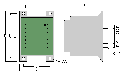 Print Layout % Dimensions - Encapsulated Transformer forPCB Mount - 12-35VA 50/60Hz